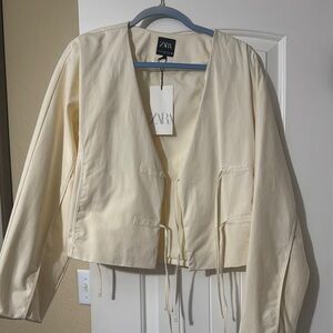 Zara Cream Open-Front Tie-Waist Blazer